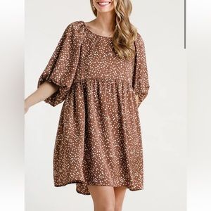 Umgee satin spotted brown white balloon short sleeve babydoll crew dress small‎